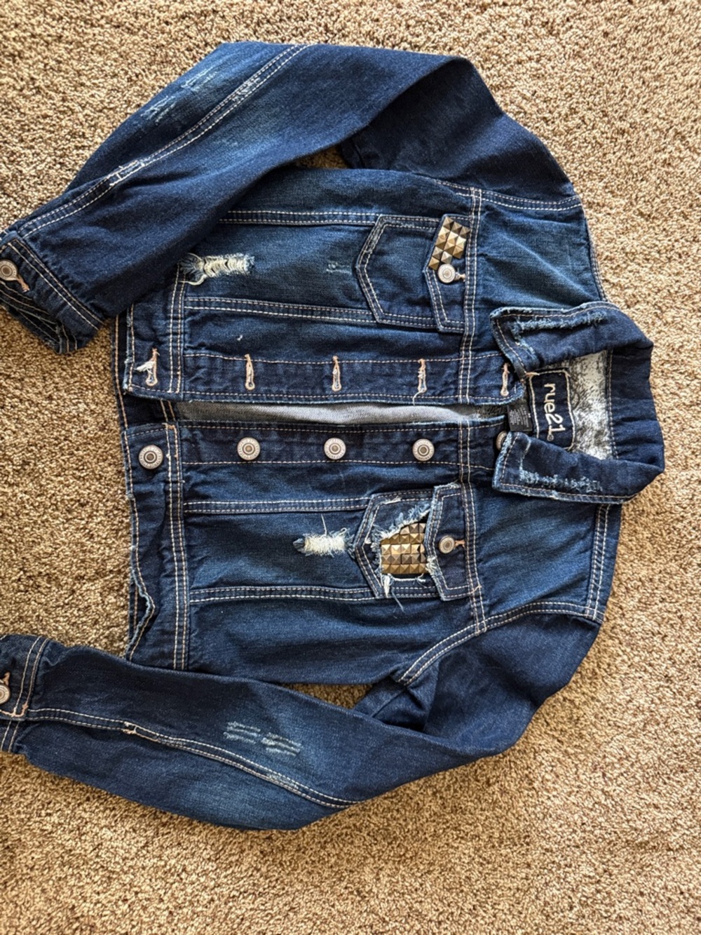 Rue21 Dark Blue Studded Distressed Denim crop top Jean Jacket